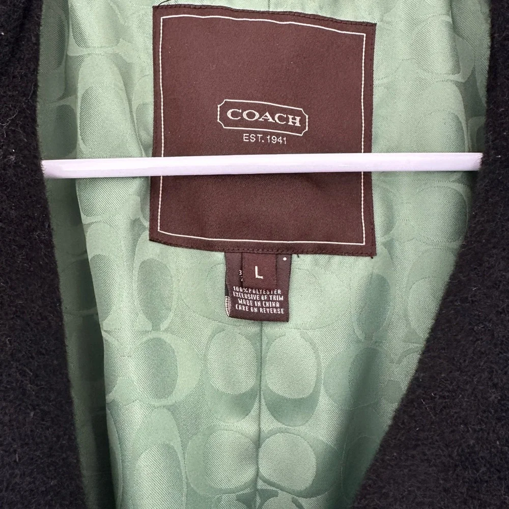 Coach Black Mohair Wool-Blend Belted Coat with Green Lining, Large. Gorgeous!